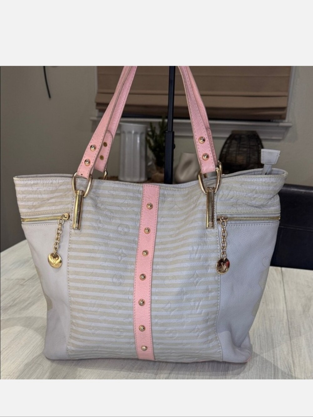 LV Pink & Cream Tote Handbag with Gold Accents